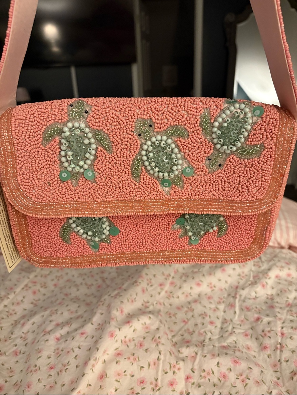 Coral Beaded Shoulder Bag with Turtle Embellishments